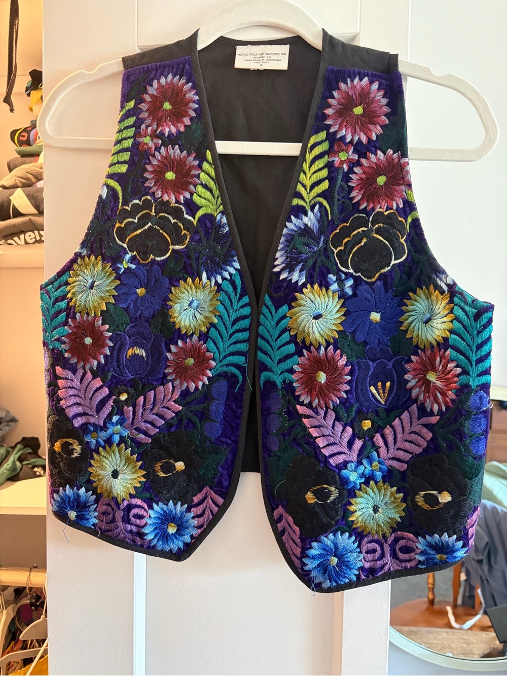 Vintage Embroidered Floral Velvet Vest - Black with Multicolor Flowers